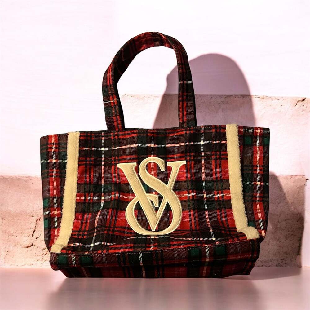 Victoria's Secret Red Tartan Plaid Sherpa Logo Tote Bag
